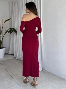 Elegant wine red off-shoulder slim fit maxi dress with long sleeves and metal details