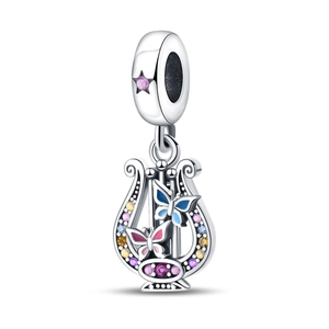 Exquisite silver harp pendant with colorful cubic zirconia and butterfly accent
