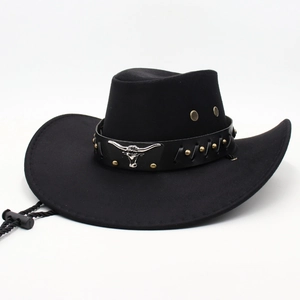 Chapeau de cowboy noir avec ceinture en cuir, ornements tête de taureau et cordon de serrage