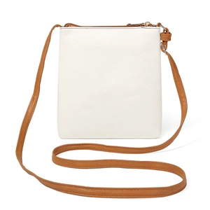Close-up of white pebble leather texture and metal zipper on casual crossbody bag