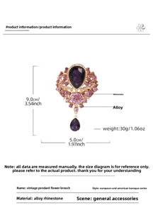 Detailed view showing vintage crystal flower brooch dimensions 9.0cm x 5.0cm and 30g weight