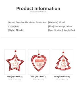 Detailed view of red wooden Nordic Christmas ornaments with snowflake and deer patterns
