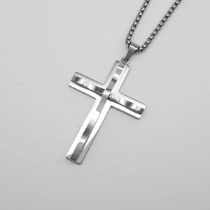 Polished silver stainless steel wavy cross pendant with heavy link chain for punk style