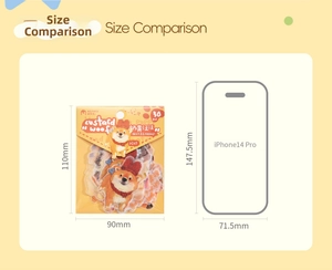 Comparaison de taille des autocollants chat pailletés 90x110mm près d'un mobile