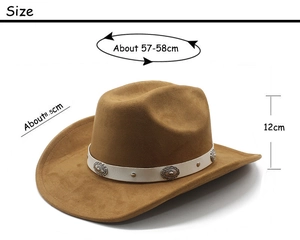 Brown faux suede cowboy hat showing 57-58cm head size and 8.5cm brim measurements