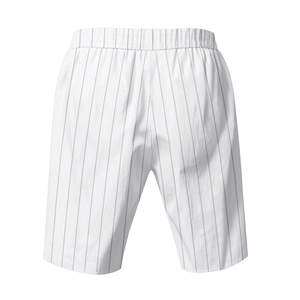 Rear view of white striped linen beach shorts featuring elastic waistband and fine texture