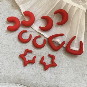 Matte Red Acrylic Stud Earrings Geometric Star Moon C Shape Simple Fashion Jewelry With Silver Earring Post Women