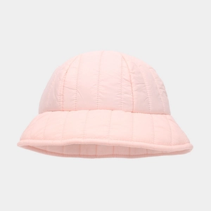 Pink quilted down bucket hat for women with warm puffer texture and minimalist design
