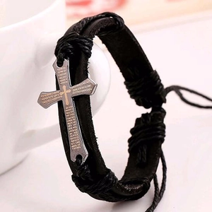 Handmade woven black leather bracelet with adjustable cord and engraved metal cross charm