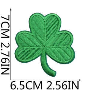 Detailed view of green shamrock embroidery patch showing 7cm height and 6.5cm width dimensions