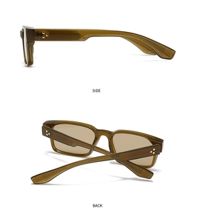 Detail of amber square sunglasses with triple star metal rivets on temple side