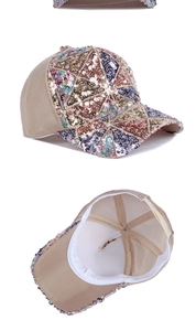 Detailed view of shiny sequin patchwork and breathable mesh back on the baseball cap