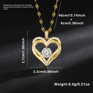 Detailed view of gold heart necklace pendant with I love you forever and always engraving