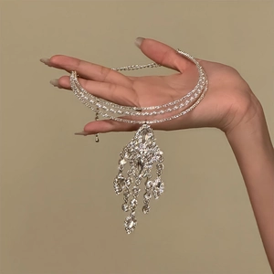 Elegant multi-layer tassel necklace with rhinestones and pearls for formal occasions