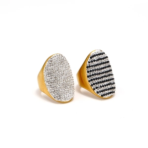 Minimalist oval gold rings with pave-set white and black rhinestones for women