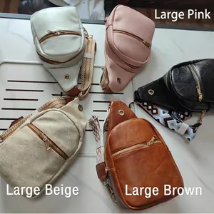 Set of large pebble faux leather chest bags with colorful bohemian patterned straps