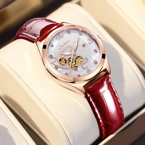 Elegante orologio da donna in oro rosa con cinturino rosso e quadrante con cristalli