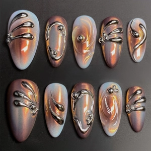 3D Metal Relief Press On Nails Irregular Gradient Cat Eye Almond Shape Cool Sweet Style For Women