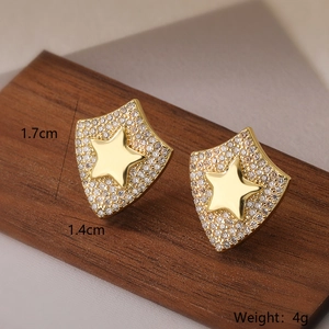 Gold plated star shield earrings with white zircon insets and measurement details