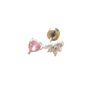 Silver flower stud earring with pink heart gemstone and clear cubic zirconia cluster