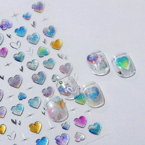 3D holographic heart nail art stickers with aurora laser finish for DIY manicure decor