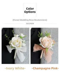 Détail de la boutonnière en rose de soie et fleur de poignet de mariage en ivoire et rose