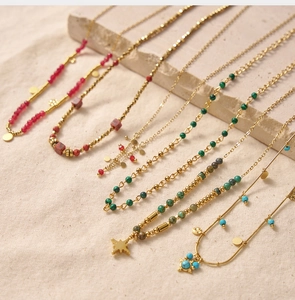 Bohemian gold chain necklaces with colorful crystal beads and celestial pendants
