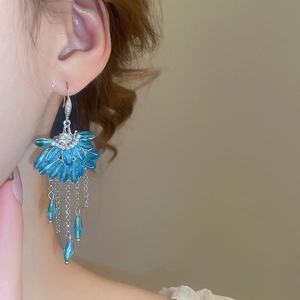 Detail of blue crystal bead fringe earrings with long silver tassels worn by model