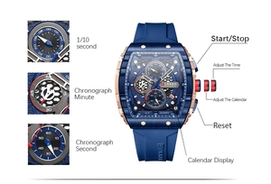Detail view of quartz watch functions showing chronograph dials and date display