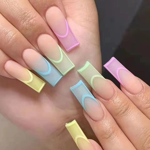 Rainbow Macaron Gradient French Press On Nails Long Coffin Matte Full Cover Artificial False Nail Tips For Women Manicure