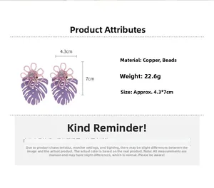 Detailed size and material specs for purple beaded leaf earrings with pink flower accent