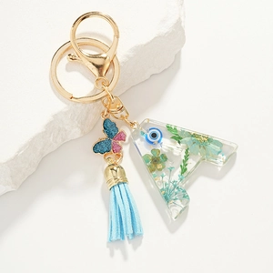 Handmade Resin Alphabet Keychain With Dried Flowers Evil Eye Tassel Butterfly Pendant Clear Letter Keyring Bag Charm Jewelry