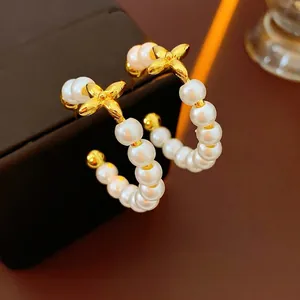 Vintage Artificial Pearl C-Shape Hoop Earrings With 18K Gold Plated Copper And Silver Earring Post Floral French Style Elegant Women