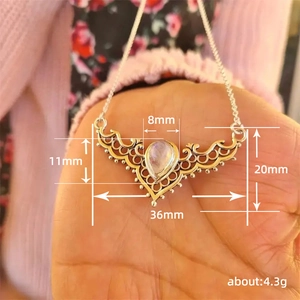 Elegant antler-style hollow necklace with teardrop moonstone and detailed dimensions
