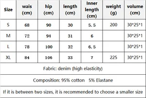 Guía de tallas para pantalones cortos vaqueros de tiro alto con medidas y material