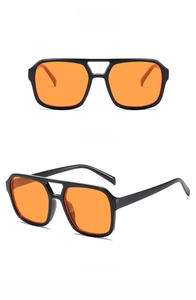 Front and side views of square retro sunglasses with black frames and orange lenses