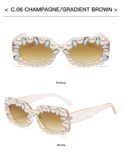 Front and 45-degree side view of champagne square sunglasses with pearls and crystals