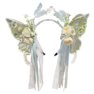 Green and white butterfly flower headband with pearls and ribbons for girls