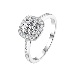 Classic silver halo ring with a cushion-cut cubic zirconia and pave band details