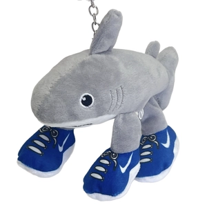 Creative plush shark keychain wearing blue sneakers with metallic chain and grey soft fabric