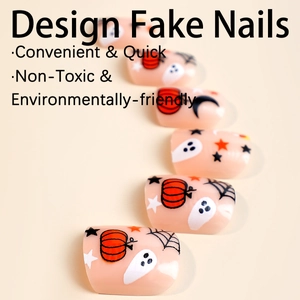 Short square Halloween fake nails featuring pumpkin and ghost prints on pink base