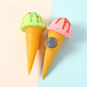 Set of two realistic PU ice cream cone magnets in pink and green for home fridge decor