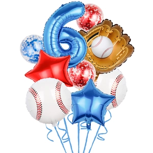 Baseball themed party decoration set with blue number 6 foil balloon and sports accessories