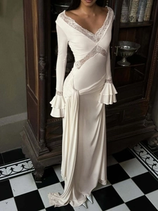 Elegant white satin V-neck maxi dress with lace trim and ruffles for women