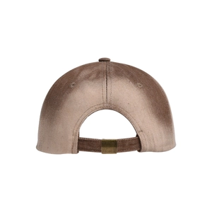 Detailed back view of brown vintage baseball cap with adjustable bronze metal buckle