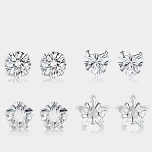 Geometric Stud Earrings Fine Silver Cubic Zirconia Hypoallergenic Minimalist Jewelry For Women Heart Star Shapes