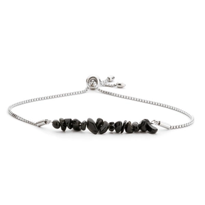 Detail of adjustable silver box chain with natural black stone fragments and bolo clasp
