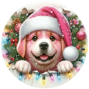 Christmas dog wall decal featuring a pink puppy with Santa hat and festive pine needles