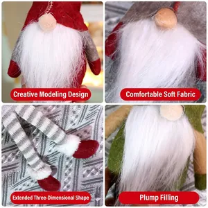 Three Christmas long-legged gnomes in red, green, and grey with striped legs and felt hats