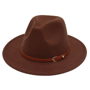 Detail view of British style wool fedora with a slim leather band and gold buckle